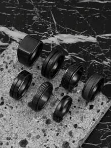 Hipoem 7 Pieces Fashion Design Stainless Steel Snake Pattern Patchwork Text Element Men's Ring Set Suitable For Men's Daily Use Holiday Dating Gift Jewellery - Black - View 1