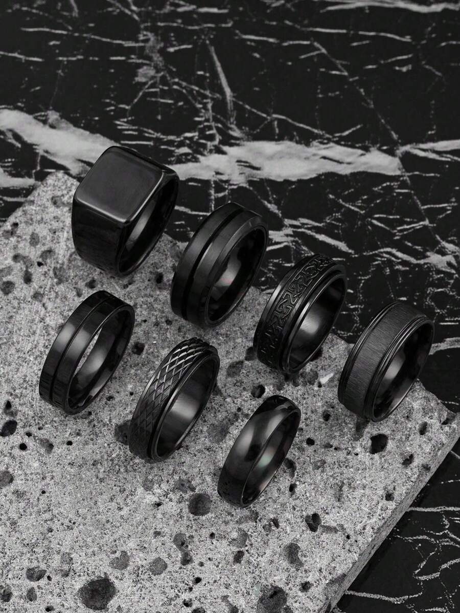 Hipoem 7 Pieces Fashion Design Stainless Steel Snake Pattern Patchwork Text Element Men's Ring Set Suitable For Men's Daily Use Holiday Dating Gift Jewellery - Black - View 1