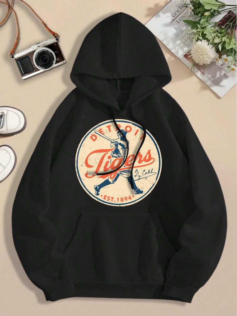 Women's Vintage Detroit Tigers Buck Tee Hoodie Sweatshirt - Retro Baseball Apparel - Negro - Ver 1