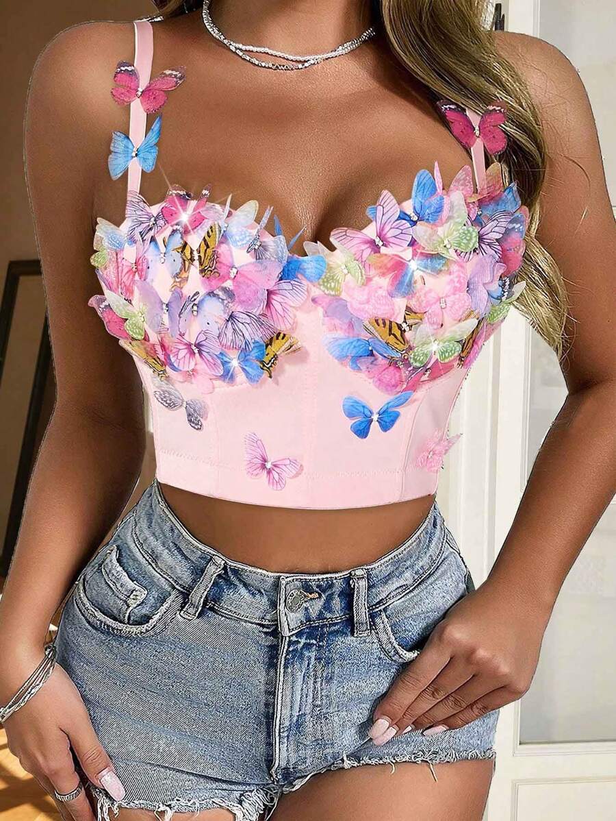 Rave Romantic Sweetness Pink Colorful Butterfly Applique Rhinestone Decor Backless Bustier Corset Shapewear Crop Cami Top - Pink - View 1