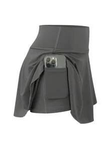 1pc Women Plus Size Sports Skirt, High Waist Workout Running Fitness Tennis Skirt, Casual Fashion With Pockets Skort - Grey - View 3