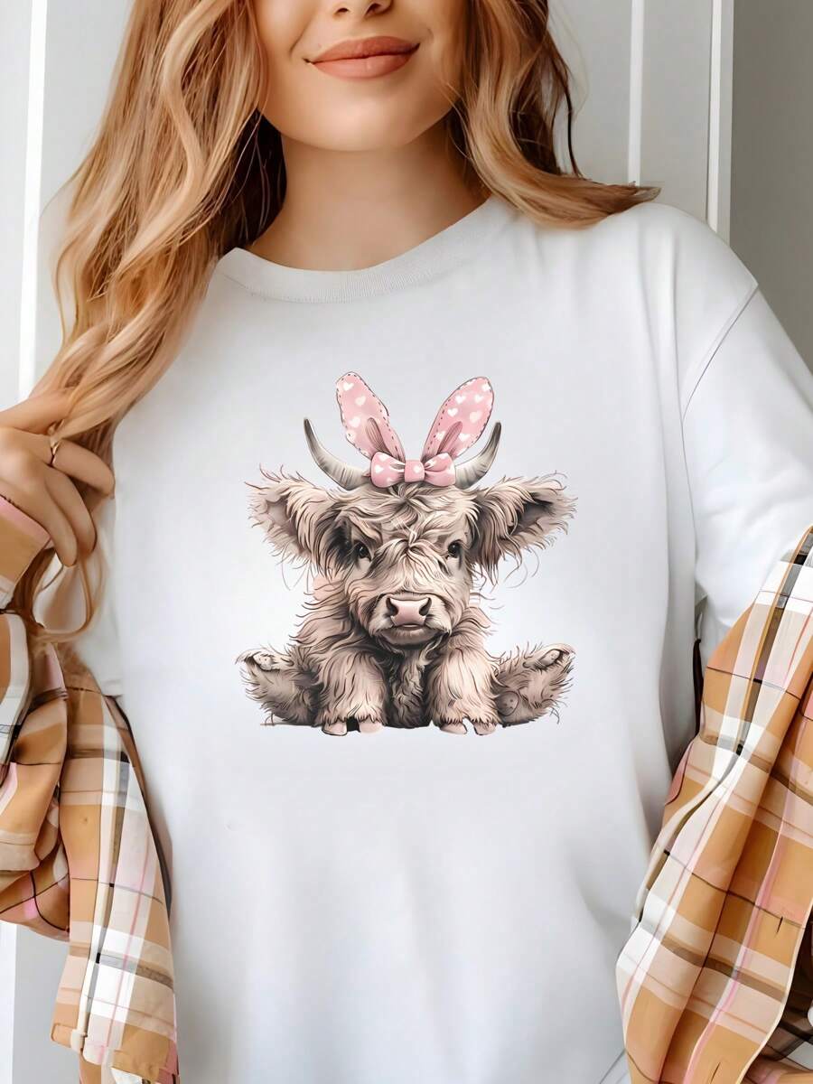 Cute Baby Cow Valentines Day T-Shirt For Women, Women's 220g Round Neck Casual Heavy Pure Cotton T-Shirt (1 PC) - White - View 1