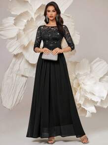 Elisanya 优雅亮片花卉蕾丝 3/4 袖褶皱下摆雪纺正式派对长裙 - 查看 4