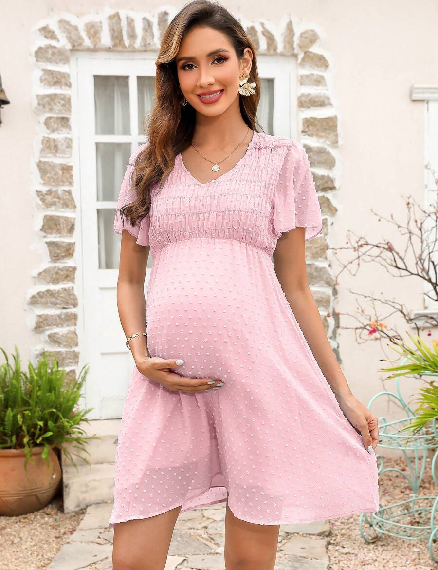 GoyRrbay Women's Maternity V Neck Short Sleeve Swiss Polka Dot Midi Dress Summer Casual A Line Dress - 粉色 - 查看 1