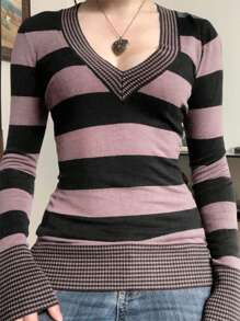 Women Y2k Fairy Grunge Knit Shirt Top Knitted Striped Long Sleeve Crew Neck Button T-Shirts Vintage Pullover Shirt Tees Tops Aesthetic Clothes Knitwear - 棕色 - 查看 1