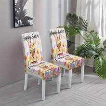 Juego de 2/4/6 fundas para sillas de Pascua, diseño de conejo marrón y flores, de alta elasticidad, tela de poliéster elástica, lavable a máquina, protectores de muebles extraíbles para el hogar, oficina, banquetes, hotel, decoración de Pascua - Multicolor - Ver 12