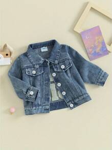 Toddler Girl Denim Jacket Letter Embroidery Long Sleeve Button Jean Cardigan Coat For Infant Baby Spring Fall Outwear