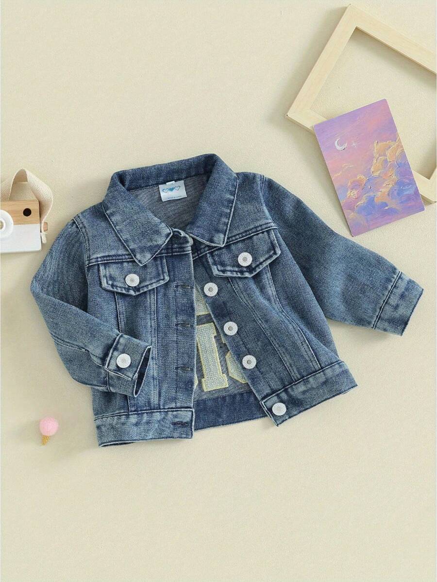 Toddler Girl Denim Jacket Letter Embroidery Long Sleeve Button Jean Cardigan Coat For Infant Baby Spring Fall Outwear - Blue - View 1