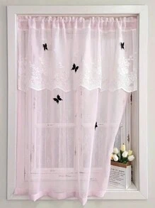 1pc Pink Voile Half Curtain, Elegant Butterfly Decor, Suitable For Bedroom, Living Room Home Decoration, With Pole