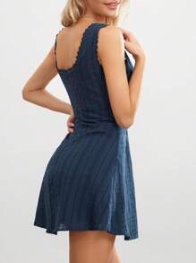 Womens Summer Tank Dress Sleeveless Square Neck Lace Trim Solid Color A-line Dress Short Mini Dress - Azul Marino - Ver 4