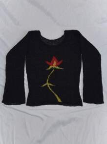 Tops de punto con estampado floral para mujer, camisetas de manga larga con cuello barco y corte ajustado, suéteres transparentes - Flores negras y rojas - Ver 7