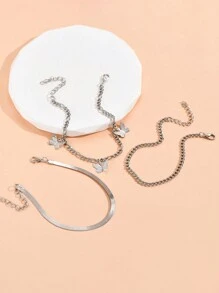 Set de 3 piezas de tobillera con cadena y mariposa de diseño elegante, juego de tobillera y pulsera de cadena gruesa vintage punk, para uso diario de mujeres