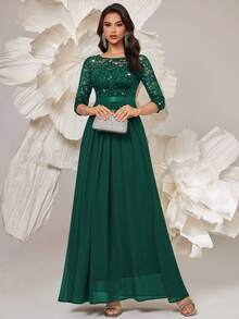 MIUSOL Elegante abito da sera lungo in chiffon con maniche a 3/4, orlo plissettato, decorato con fiori e paillettes, adatto per cerimonie formali come matrimoni, lauree, banchetti e altre occasioni - Verde Scuro - Visualizzare 4