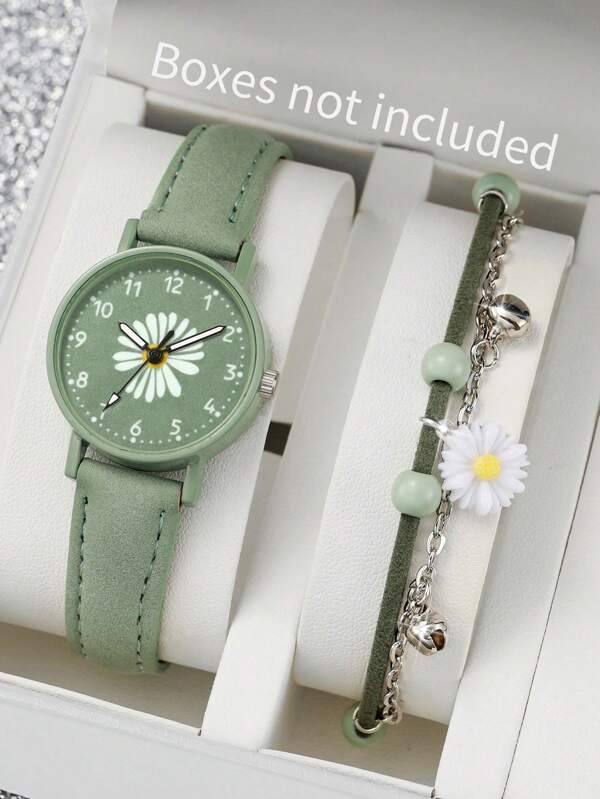 Set de 2 relojes de cuarzo con esfera numérica de moda para mujeres + pulsera con motivos florales, sin caja de reloj incluida