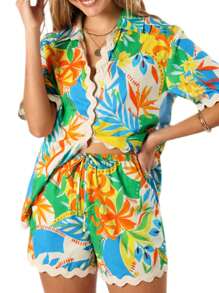 Womens Casual 2 Piece Outfits Short Sleeve Leaf Print Shirt + Drawstring Shorts Set Beachwear