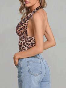 Women Crop Tank Tops Solid Color/Leopard Print Halter Neck Deep V Neck Backless Casual Vests Summer Sleeveless Top - Multicolor - View 2
