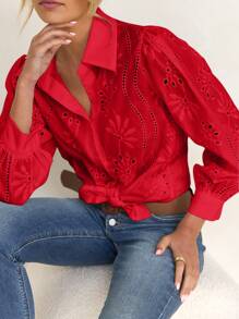 Vaiaye Women's Embroidered Solid Color Lace-Up Long Sleeve Top, Suitable For Valentine's Day, Everyday Wear, Travel, Mother's Day, Birthday And Party Occasions - Red - View 9