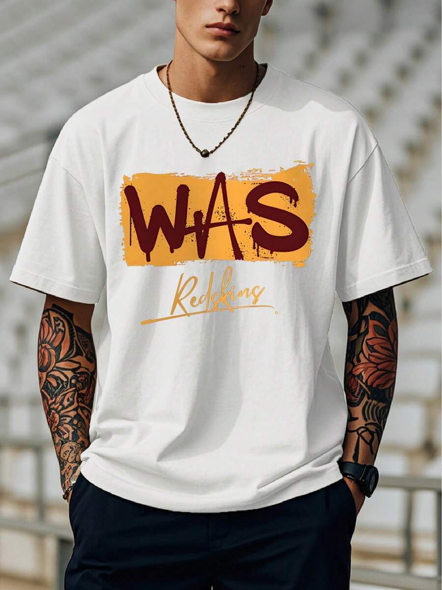 Mens T Shirts, Graphic Tees Men, Mens Gifts, Creative Graphic T-Shirt, Designed With Washington Football Pattern + Text, This Casual Tees Is Perfect For Football Fans, Football Game Day Wear, Soft Fabric, 100% Cotton, Heavy Fabric, Unisex. - trắng - Xem 1