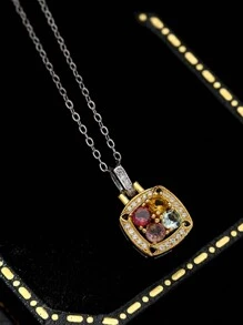1 PC Natural Gemstone Tourmaline Necklace Colorful Square Necklace  Simple Fashion Pendant Necklace For Women, S925 Silver Plated With 18k Gold, Gemstone With Flawless Clarity And Full Fire Color, Tourmaline Random Color