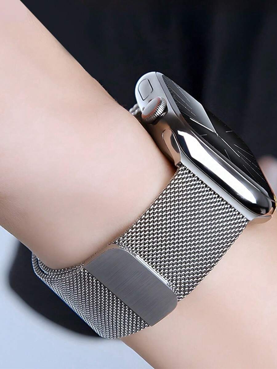 1条男女通用银色米兰尼斯不锈钢磁吸表带，兼容 46mm、49mm、40mm、44mm、45mm、41mm、42mm、38mm，奢华金属表带，适用于 Series 11、10、9、8、7、SE、6、5、4、3、2、1、Ultra 3/2/1，时尚智能手表配件，兼容S10、S11