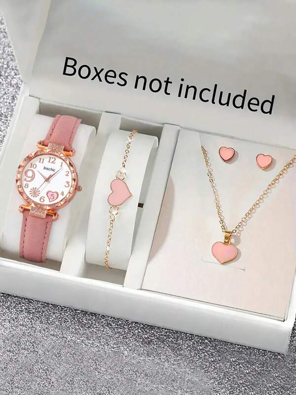 5 PCS Pink Plum Blossom Diamond Quartz Watch, Heart Shape Necklace, Bracelet, Earrings Jewelry Set, Daily Match Accessory As Kids Birthday Gift