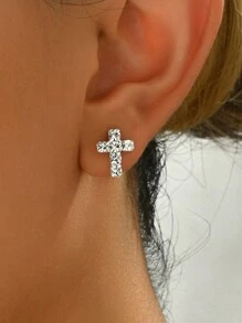 1 Pair Minimalist Fashion Elegant Sparkling Diamond Cross Stud Earrings, Versatile For Daily Wear
