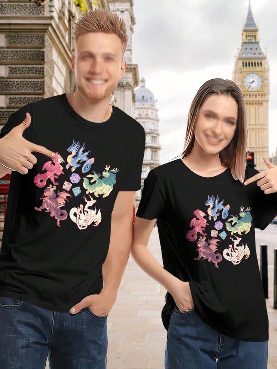 Women's Chromatic Dragon T-Shirt Fantasy Dragon Shirts Mythical Creature Tees Cool Dragon Tops - Black - View 1