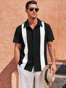 Runcati Men's Vintage Bowling Shirt Short Sleeve Guayabera Button Down Beach Shirt - 黑色 - 查看 4
