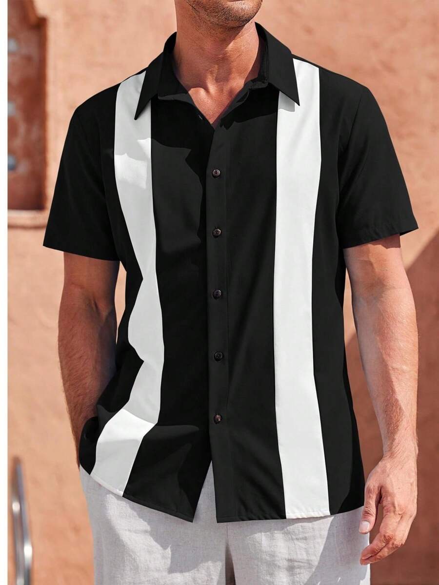 Runcati Men's Vintage Bowling Shirt Short Sleeve Guayabera Button Down Beach Shirt - 黑色 - 查看 1