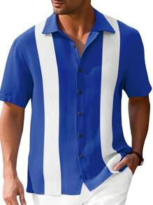 Runcati Men's Vintage Bowling Shirt Short Sleeve Guayabera Button Down Beach Shirt - Màu xanh lam - Xem 2