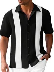 Runcati Men's Vintage Bowling Shirt Short Sleeve Guayabera Button Down Beach Shirt - 黑色 - 查看 2