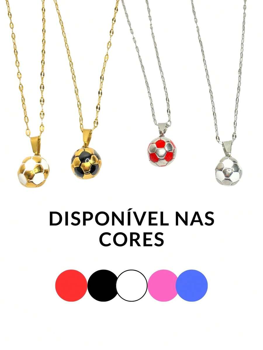 Corrente Cordão Colar 50cm Unissex Infantil Pingente Bola Futebol Cores Prata Dourado Aço Inox