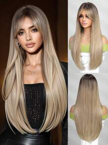Peluca larga y recta de 26 pulgadas de alta calidad con degradado ombre y flequillo, hecha de fibra sintética resistente al calor, adecuada para festivales, fiestas, viajes y uso diario de mujeres - Degradado - Ver 2