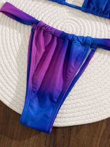 PEPPERMOLLY New Gradient Color Halter Tie Backless Elegant Party Micro Triangle Bikini Set, Women Summer Beach Fashion Swimwear Vacation - Purple - View 6