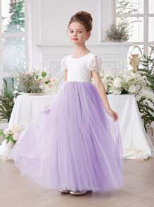 Young Girl Lace Trim V-Neck Mesh Princess Dress, Suitable For Birthday Party, Valentine's Day Gift, Prom, Party, Important Occasions, Holiday Celebration, Stage Performance
