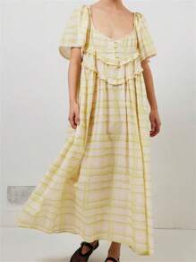 Women Elegant Long Dress Plain/Plaid Short Sleeve Low-Cut Backless Loose Fit Flared Hem Swing Dress Perfect For Everyday Comfort