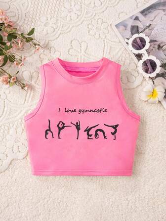 Tween Girl & Kids Casual Sport Enfärgade bokstavssiluetttryck Mode linne, lämplig för yoga, löpning, träning, träning