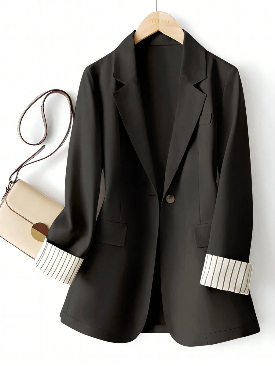 Women's Cuff Striped Patchwork One Button Regular Blazer - Black - View 1