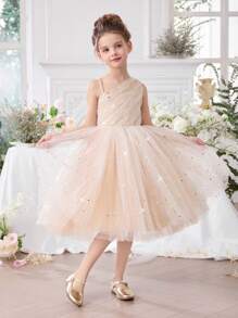 年轻女孩细肩带珠饰亮片薄纱花童连衣裙,复活节公主裙,适合生日礼物,派对,宴会,学校表演,节日 - 香檳色 - 查看 8