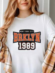 NEW YORK CITY BAKLYN 1989 Valentines Day T-Shirt For Women, Women's 220g Round Neck Casual Heavy Pure Cotton T-Shirt (1 PC) - White - View 1