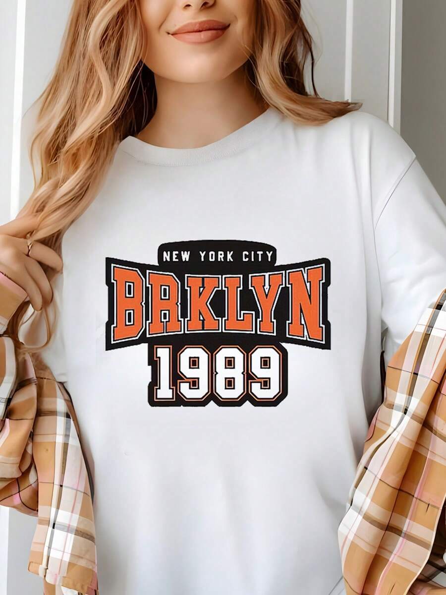 NEW YORK CITY BAKLYN 1989 Valentines Day T-Shirt For Women, Women's 220g Round Neck Casual Heavy Pure Cotton T-Shirt (1 PC) - White - View 1