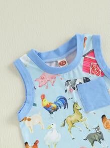 Baby Toddler Boy Shorts Set Tractor/Animal Sleeveless Tank Tops Elastic Waist Shorts Farm Clothes - Blue - View 4