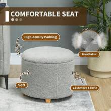HOMCOM 45cm Round Storage Ottoman, Teddy Fleece Footstool With Removable Lid And Wood Legs, Button Tufted Vanity Stool For Living Room Bedroom Hallway, Dark Grey Back To School Dormitory Storage - Grey - View 5