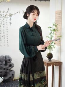 Spring Elegant Chinese Style Green Satin Stand Collar Two Way Wear Blouse For Chinese New Year, Daily, Street, Commuting, Home And Other Occasions To Wear Hanfu Tops