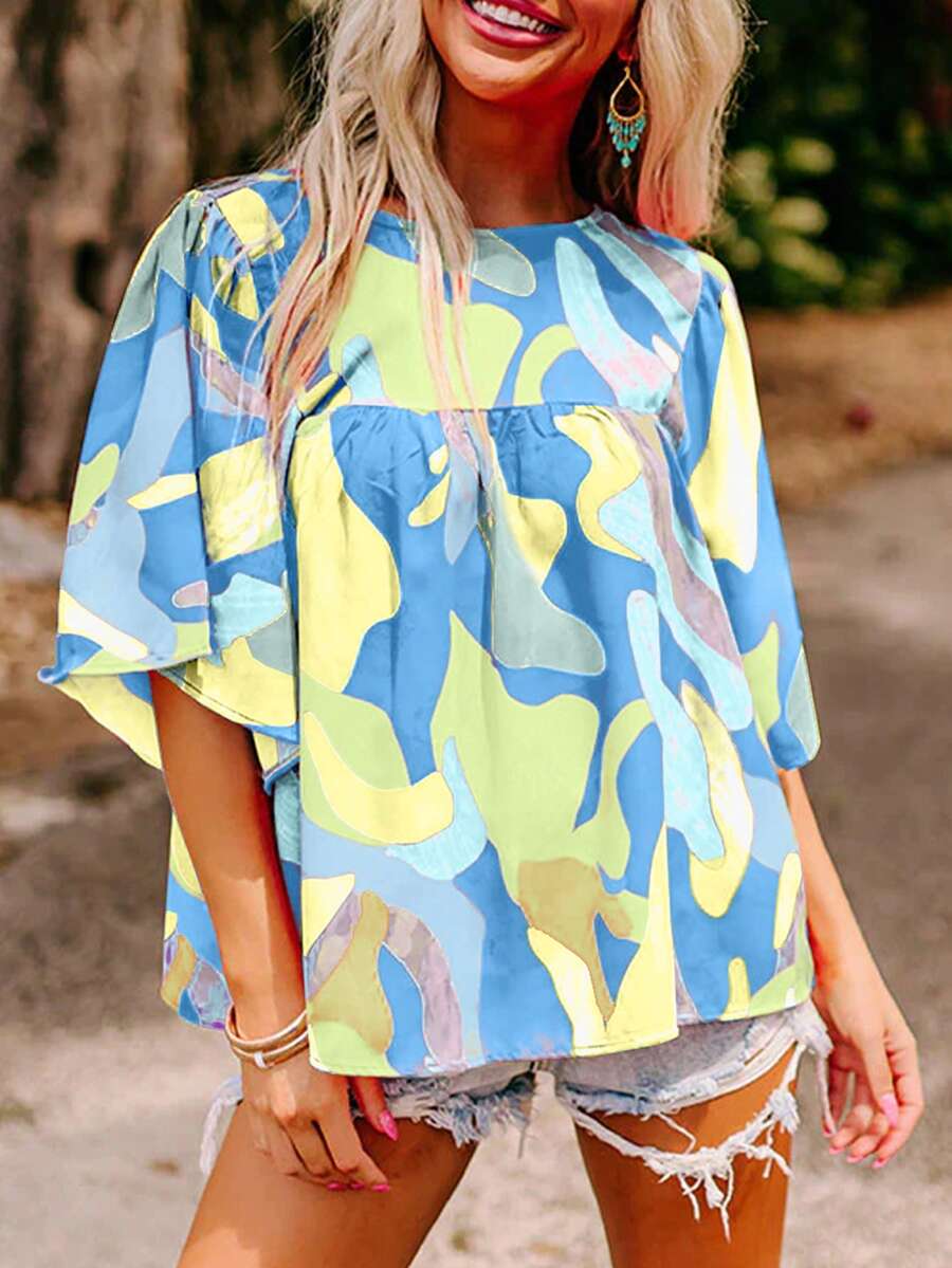 Women's Abstract Pattern Loose Fit Round Neck Blouse Summer - Blue - View 1
