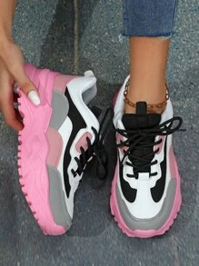 Zapatillas de mujer inspiradas en la dopamina en negro y rosa, estilo callejero dulce de plataforma de EU/EE.UU., estilo chunky de puntera baja, con absorción de impactos, adecuadas para uso diario, vacaciones y todas las estaciones