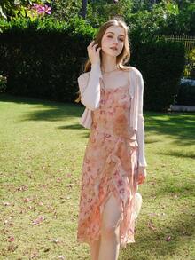 V-Neck Retro Hong Kong Style Flared Sleeve Fitted Knit Top - Pink - View 5