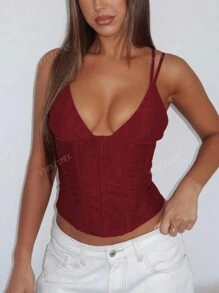 Top corto da donna alla moda, sexy, aderente, con scollo a V, adatto per primavera, estate, feste, uscite, vacanze e uso quotidiano