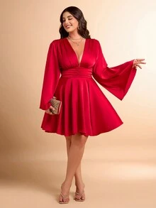 BIUBIU Đầm dự tiệc sang trọng màu đỏ cỡ lớn gợi cảm cổ chữ V sâu tay chuông dài eo nhún bèo viền satin thanh lịch cho tiệc cưới, tiệc tối, tiệc sinh nhật, khách dự tiệc cưới, trang phục mới cho phụ nữ - Đỏ - Xem 7