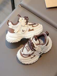 Kids' Fashionable Casual Sports Shoes, Student Running Shoes, Campus Sports Chunky Sneakers, Suitable For All Seasons, Color Blocking Woven Sports Shoes - Khaki - View 4